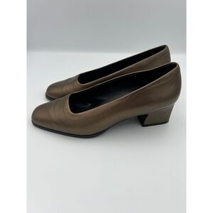 Classic Copper Leather Block Heel Pumps Professional  Wear Comfortable Shoes 7